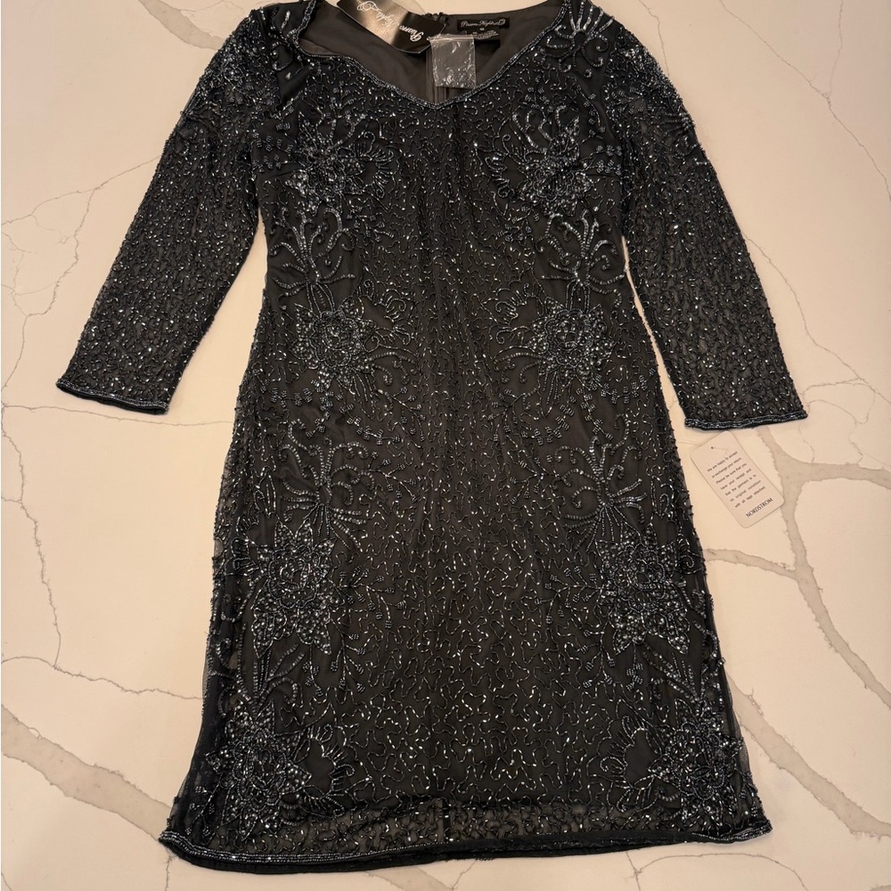 Pisarro Nights Black Beaded Cocktail Dress Size 10 | 3/4 Sleeve Evening Dress